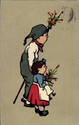 Ak Zwei Kinder in Volkstracht, Blumen, Puppe