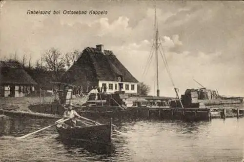 Ak Rabel in Schleswig Holstein, Wasserpartie am Rabelsund, Bootsfahrt, Anlegestelle