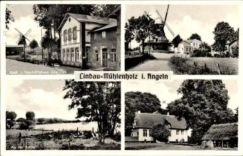 Ak Lindaumühlenholz Boren Angeln, Windmühle, Schlei, Geschäftshaus Johs. Haß
