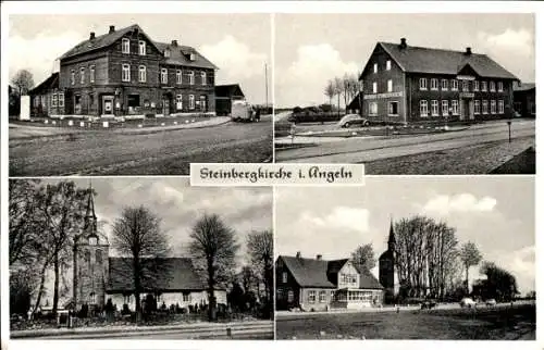 Ak Steinbergkirche in Schleswig Holstein, Gasthaus, Kirche, Straßenpartie