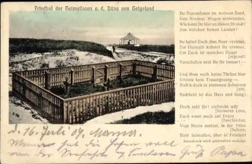 Ak Nordseeinsel Helgoland, Friedhof der Heimatlosen auf der Düne, Gedicht