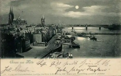 Mondschein Ak Köln am Rhein, Teilansicht, Brücke