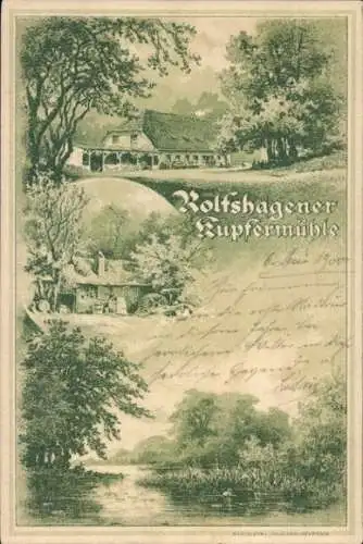 Litho Tremsbüttel in Schleswig Holstein, Rolfshagener Kupfermühle, Seeblick, Wassermühle