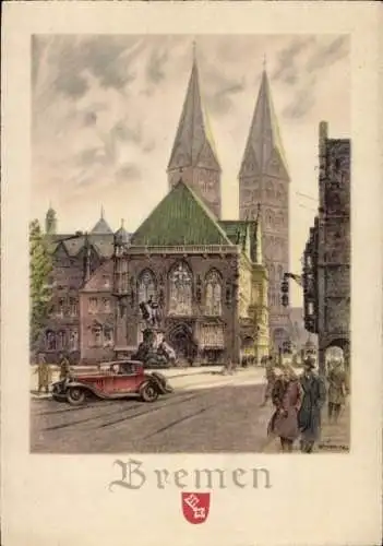 Künstler Ak Roitscho, Hansestadt Bremen, Stadtbild, Auto, Kirche