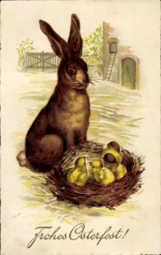 Ak Glückwunsch Ostern, Osterhase, Küken im Nest