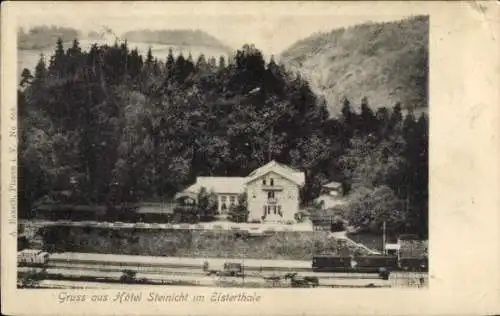 Ak Steinicht Pöhl im Vogtland, Hotel Steinicht im Elstertal, Bahnhof