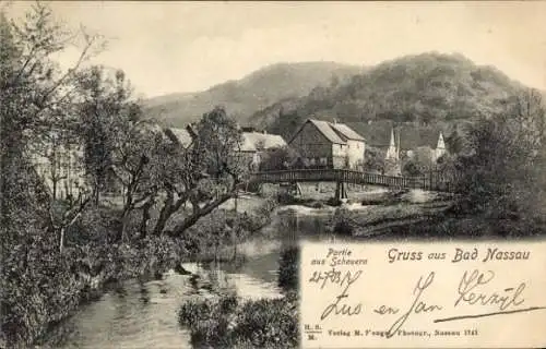 Ak Scheuern Bad Nassau an der Lahn, Brücke, Fachwerkhäuser