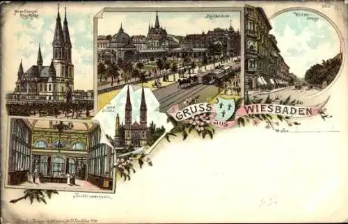 Litho Wiesbaden in Hessen, neue evangel. Ringkirche, Kochbrunnen, Wilhelmstraße, katholische Kirche