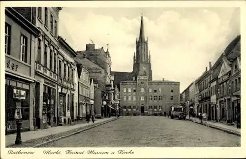 Ak Rathenow im Havelland, Markt, Heimat-Museum, Kirche, Geschäfte