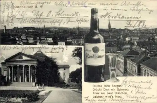 Ak Nordhausen am Harz, Gesamtansicht, Stadttheater, Flasche Nordhäuser