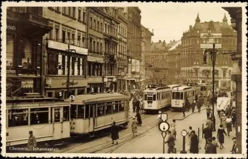 Ak Chemnitz in Sachsen, Johannisplatz, Straßenbahnen