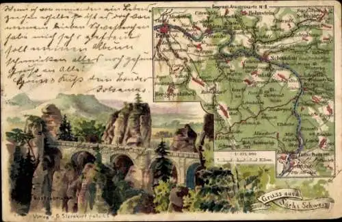 Landkarten Litho Lohmen im Elbsandsteingebirge, Basteibrücke vom Ferdinandstein