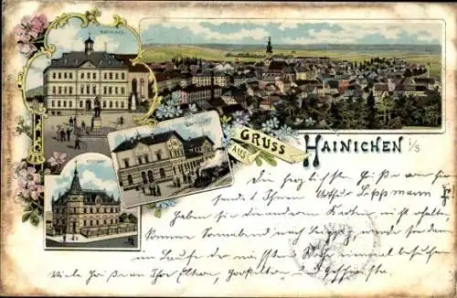 Litho Hainichen in Sachsen, Gesamtansicht, Rathaus, Postamt, Bahnhof