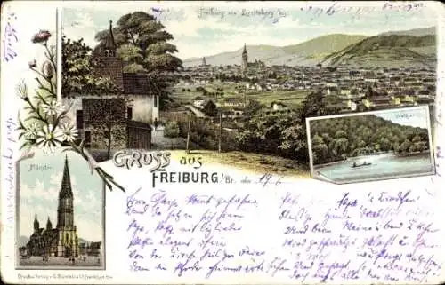 Litho Freiburg im Breisgau, Münster, Gesamtansicht, Waldsee