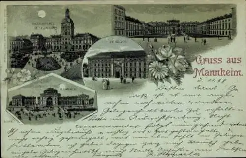 Mondschein Litho Mannheim in Baden, Kaufhaus, Zeughaus, Bahnhof, Paradeplatz, Schlosshof