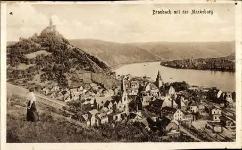 Ak Braubach am Rhein, Marksburg, Panorama, Kirchturm, Dame