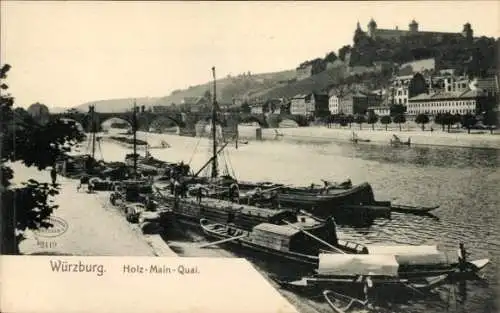 Ak Würzburg am Main Unterfranken, am Holz Main Quai, Frachter, Brücke