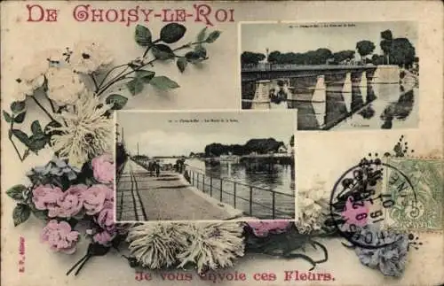 Passepartout Ak Choisy le Roi Val de Marne, Brücke, Blumenstrauss