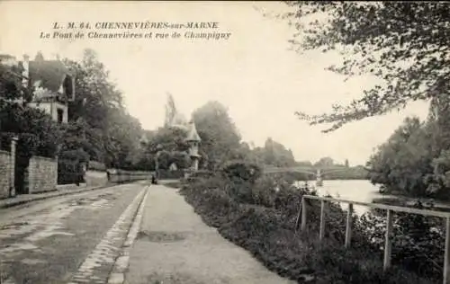 Ak Chennevières Val de Marne, Pont und Rue de Campigny