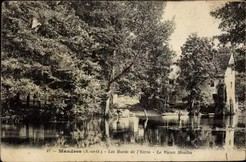 Ak Mandres Val de Marne, Die Ufer der Yerre, alte Mühle