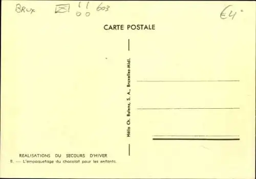 Ak Brüssel, Winterhilfsprojekte, Verpackung von Schokolade für Kinder