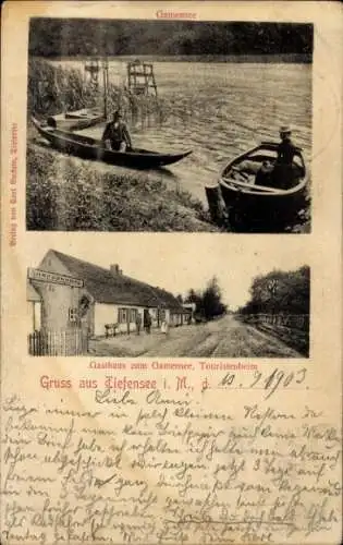 Ak Tiefensee Werneuchen in der Mark, Gamensee, Boote, Gasthaus zum Gamensee