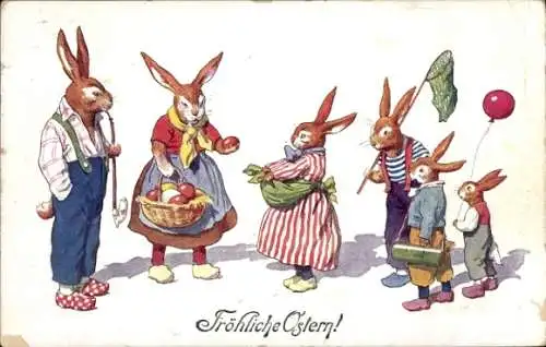 Ak Glückwunsch Ostern, Gekleidete Osterhasen, Ostereier