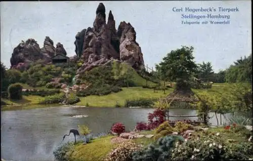 Ak Hamburg Eimsbüttel Stellingen, Carl Hagenbecks Tierpark, Felspartie mit Wasserfall