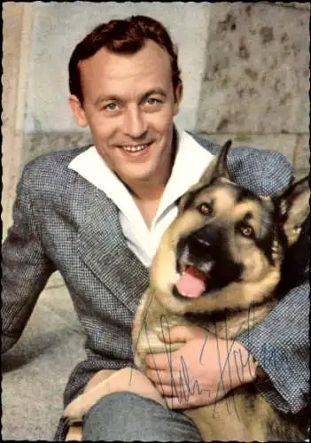 Ak Schauspieler Claus Holm, Schäferhund, Portrait, Autogramm