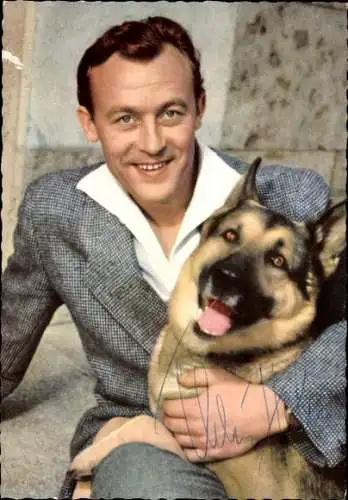 Ak Schauspieler Claus Holm, Schäferhund, Portrait, Autogramm