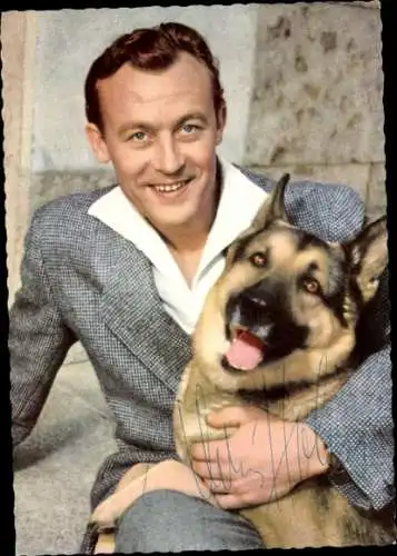 Ak Schauspieler Claus Holm, Schäferhund, Portrait, Autogramm