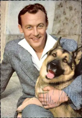 Ak Schauspieler Claus Holm, Schäferhund, Portrait, Autogramm