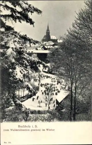Ak Annaberg Buchholz Erzgebirge, Blick auf den Ort vom Waldschlösschen aus, Winteransicht