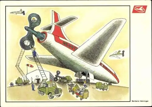 Künstler Ak Henniger, Barbara, Interflug Flugzeug wird aufgezogen