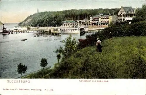 Ak Glücksburg an der Ostsee, Strandhotel und Logierhaus, Landungssteg, Dampfer