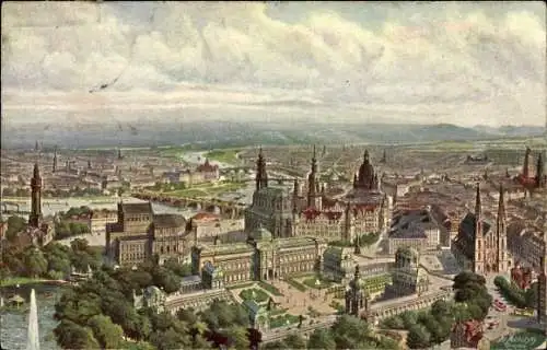 Künstler Ak Michalsky, Dresden Zentrum Altstadt, Zeppelinansicht vom Zwinger, Opernhaus, Schloss