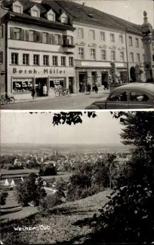 Ak Weilheim Oberbayern, Gesamtansicht, Platz, Geschäft Bernh. Müller