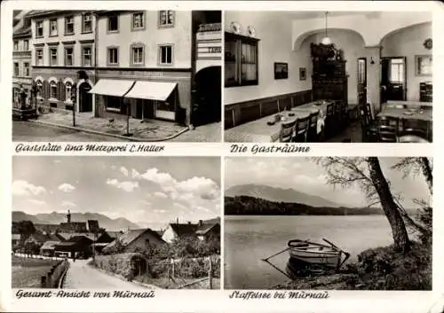 Ak Murnau am Staffelsee, Gaststätte, Metzgerei L. Haller, Gasträume, Staffelsee, Boot