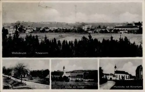 Ak Wessobrunn in Oberbayern, Totalansicht, Kirche mit Kloster, Pfarrkirsche mit Römerturm