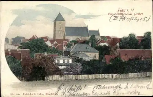 Ak Plau am See Mecklenburg, Blick auf den Ort vom Schützenhaus aus