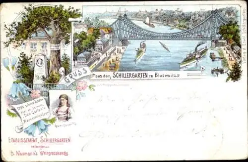 Litho Dresden Blasewitz, Etablissement Schillergarten, Stadtpanorama