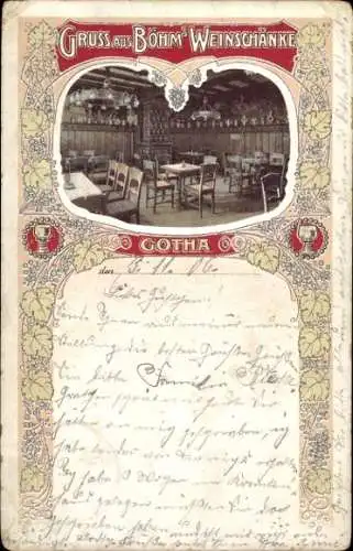 Jugendstil Ak Gotha in Thüringen, Restaurant Böhm's Weinschänke, Innenansicht