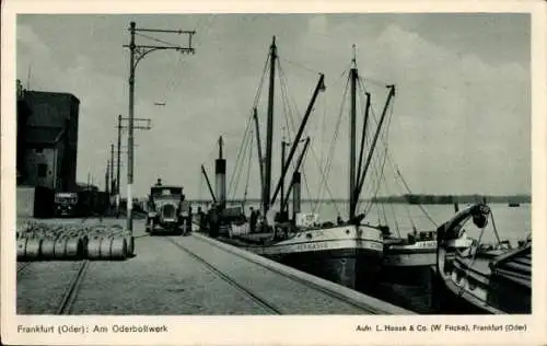 Ak Frankfurt an der Oder, Oderbollwerk, Segelschiff Germania, Auto