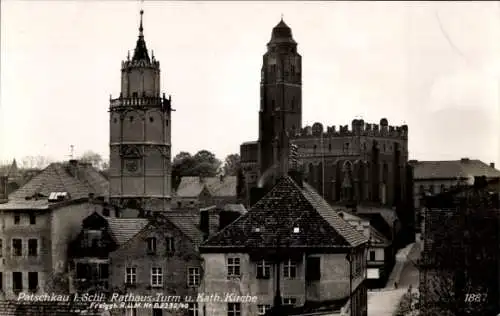 Ak Paczków Patschkau Oberschlesien, Rathausturm, Katholische Kirche