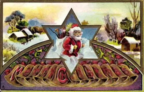 Präge Ak Glückwunsch Weihnachten, Weihnachtsmann, Glocken, Stechpalme