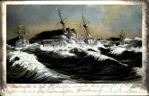 Ak Deutsche Kriegsschiffe, Geschwader in See, Sturm, Kaiserliche Marine