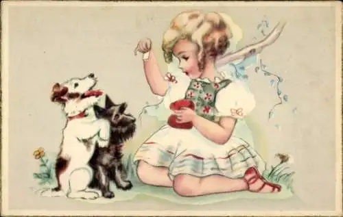 Ak Mädchen füttert Hunde, Terrier
