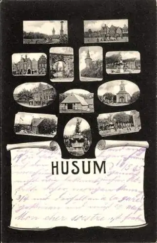 Ak Husum in Nordfriesland, Kirche, Reetdachhaus, Brunnen, Tor