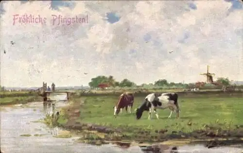 Künstler Ak Oudes, Landschaft mit Rindern und Windmühle, Fröhliche Pfingsten