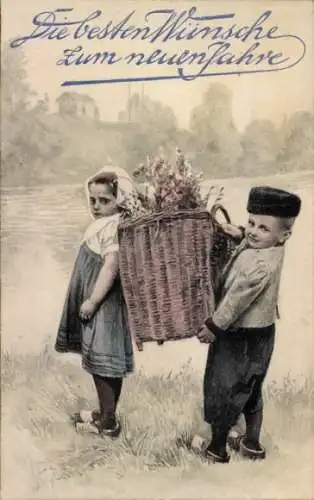 Künstler Ak Glückwunsch zum Neujahr, Kinder, Blumenkorb